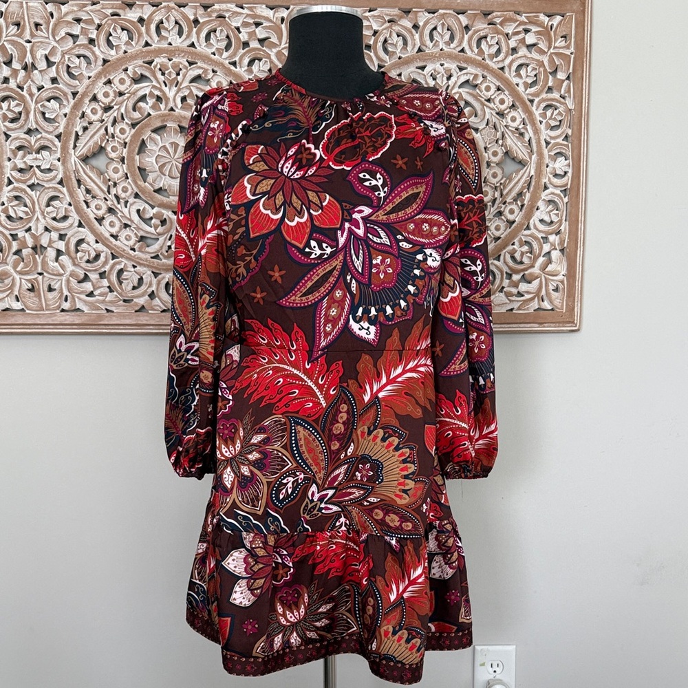 LOFT Red & Burgundy Paisley Long-Sleeve Mini Dress